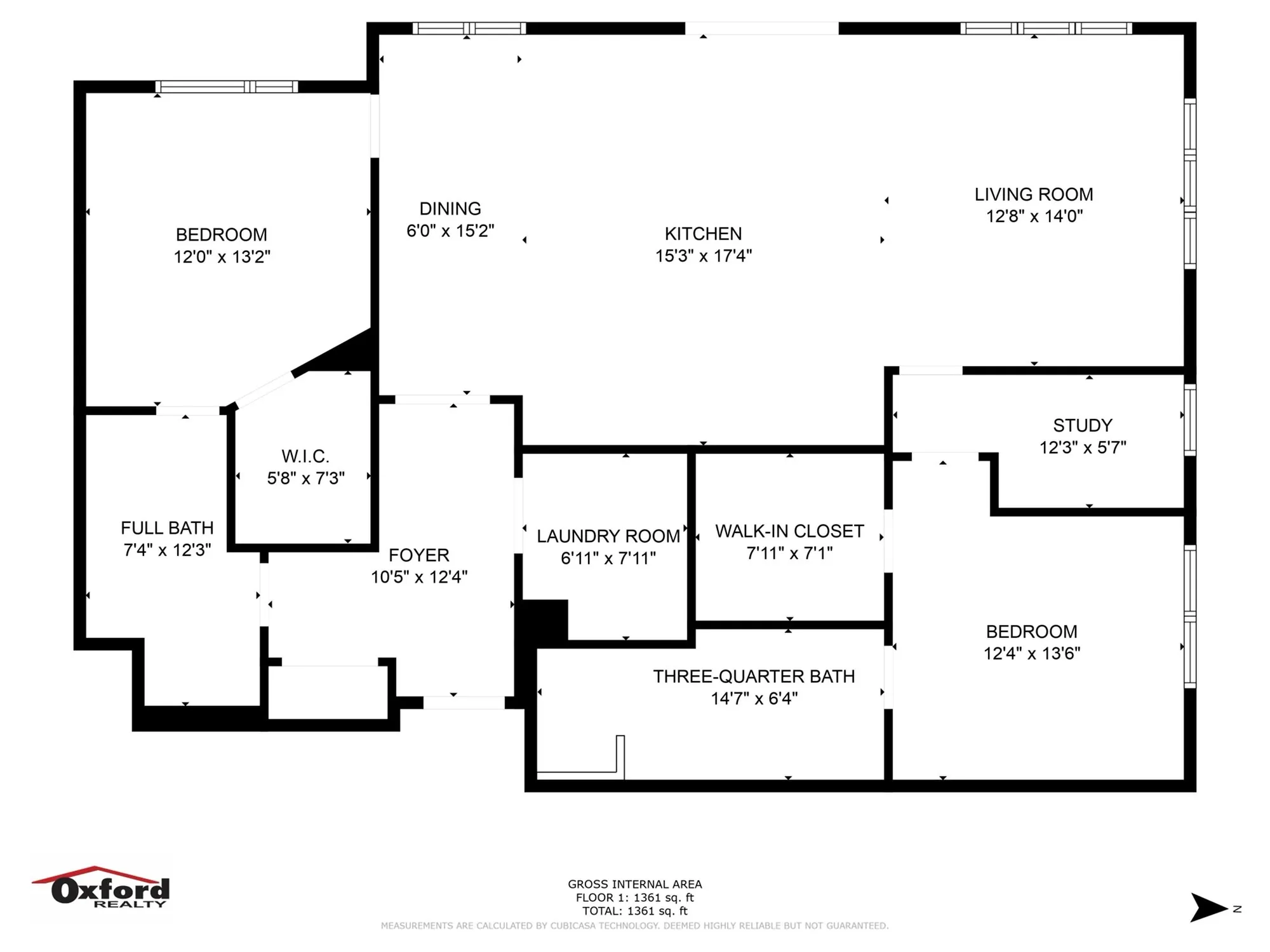 Chic floor plan by Oxford Realty showcasing 2 spacious bedrooms, an open kitchen, dining area, and inviting living room, with additional study and large walk-in closets, spanning 1,361 sq ft.