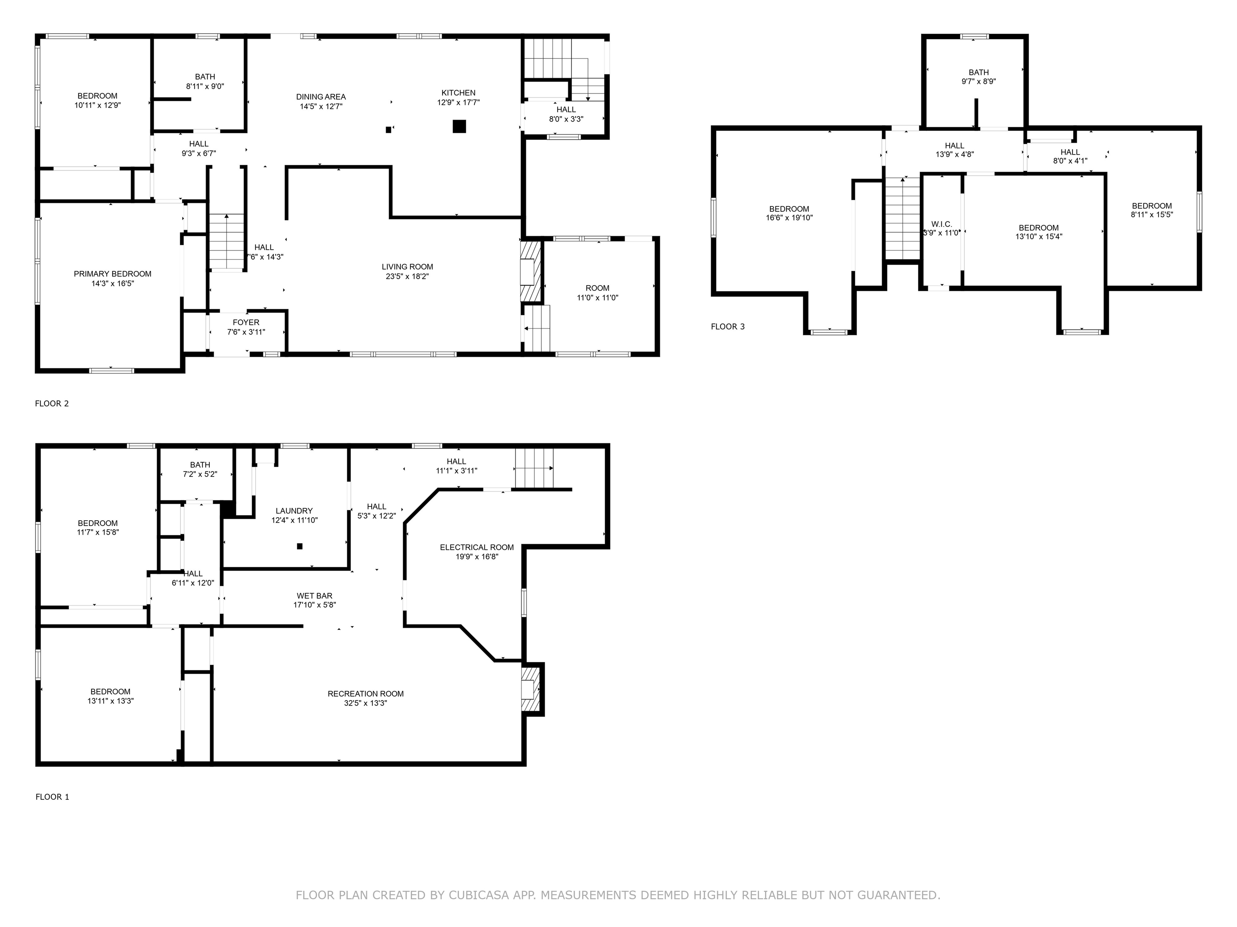 Expansive three-story floor plan featuring elegant living areas, multiple bedrooms, a spacious kitchen, and a recreation room, perfect for family living and entertaining.