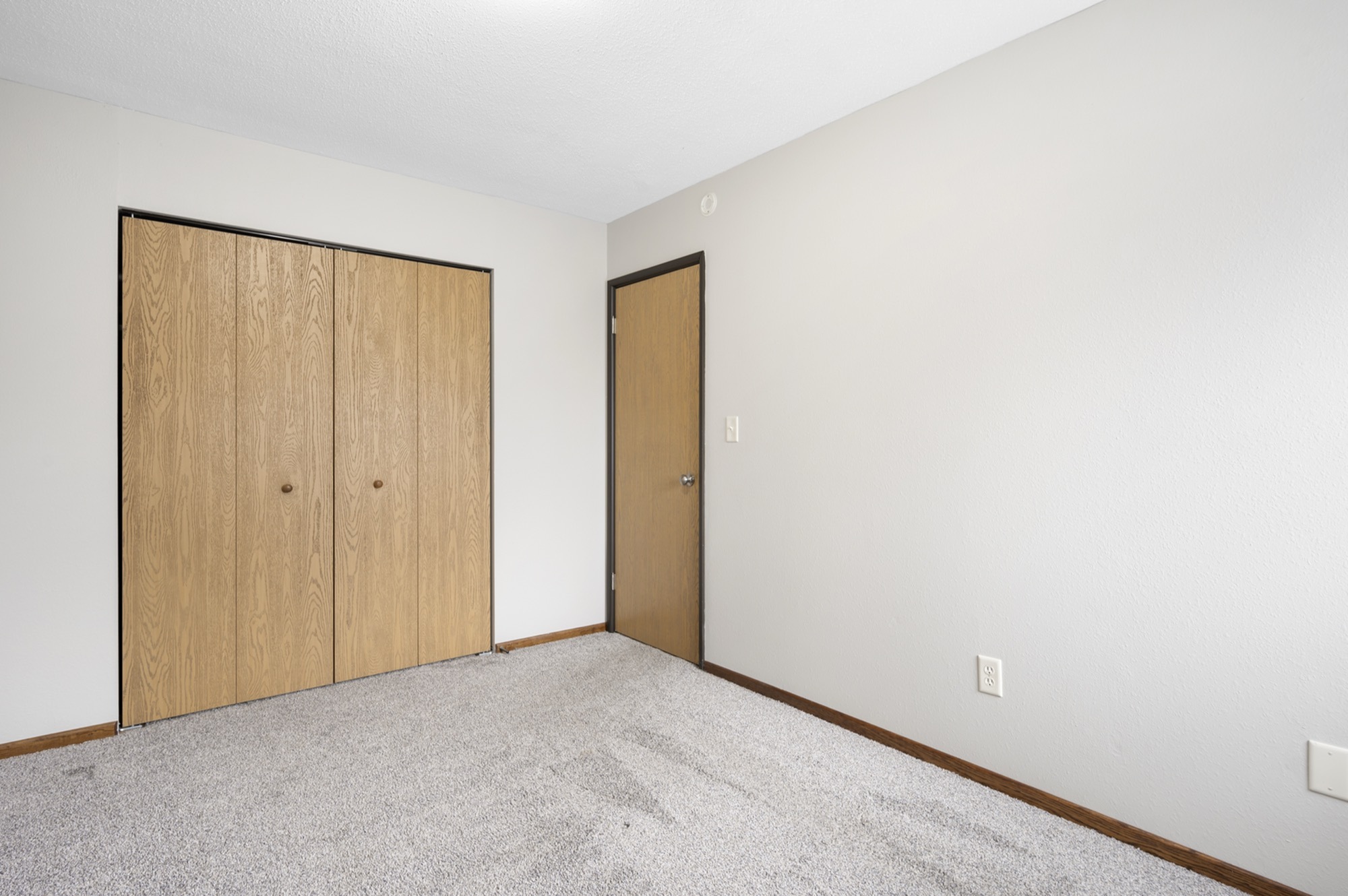 Bright, carpeted room with elegant wood-paneled closet doors, offering ample storage space and a cozy atmosphere.
