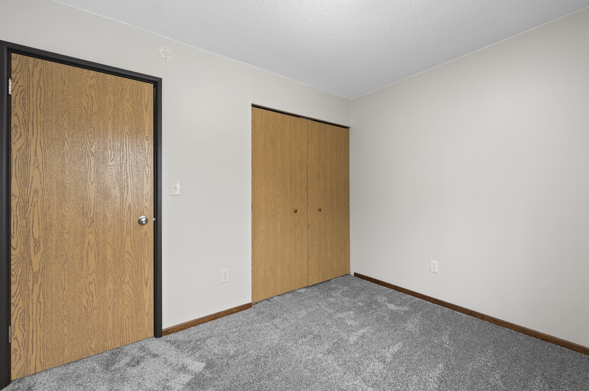 Bright and cozy room featuring plush gray carpeting and polished wooden doors, offering a warm and inviting atmosphere.