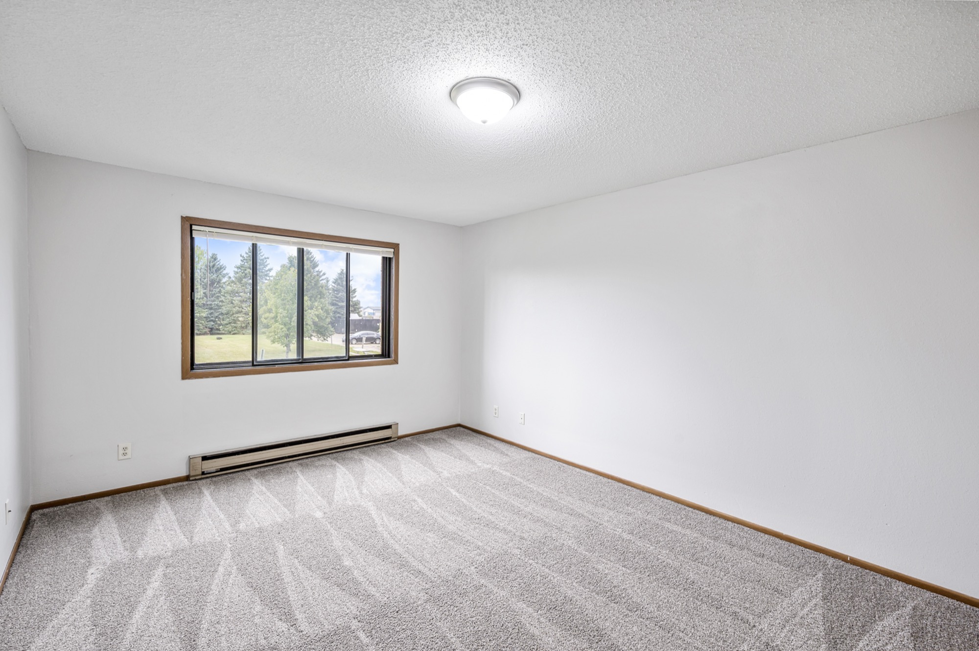 Bright and inviting room with plush carpet, large window offering scenic views, and ample natural light.