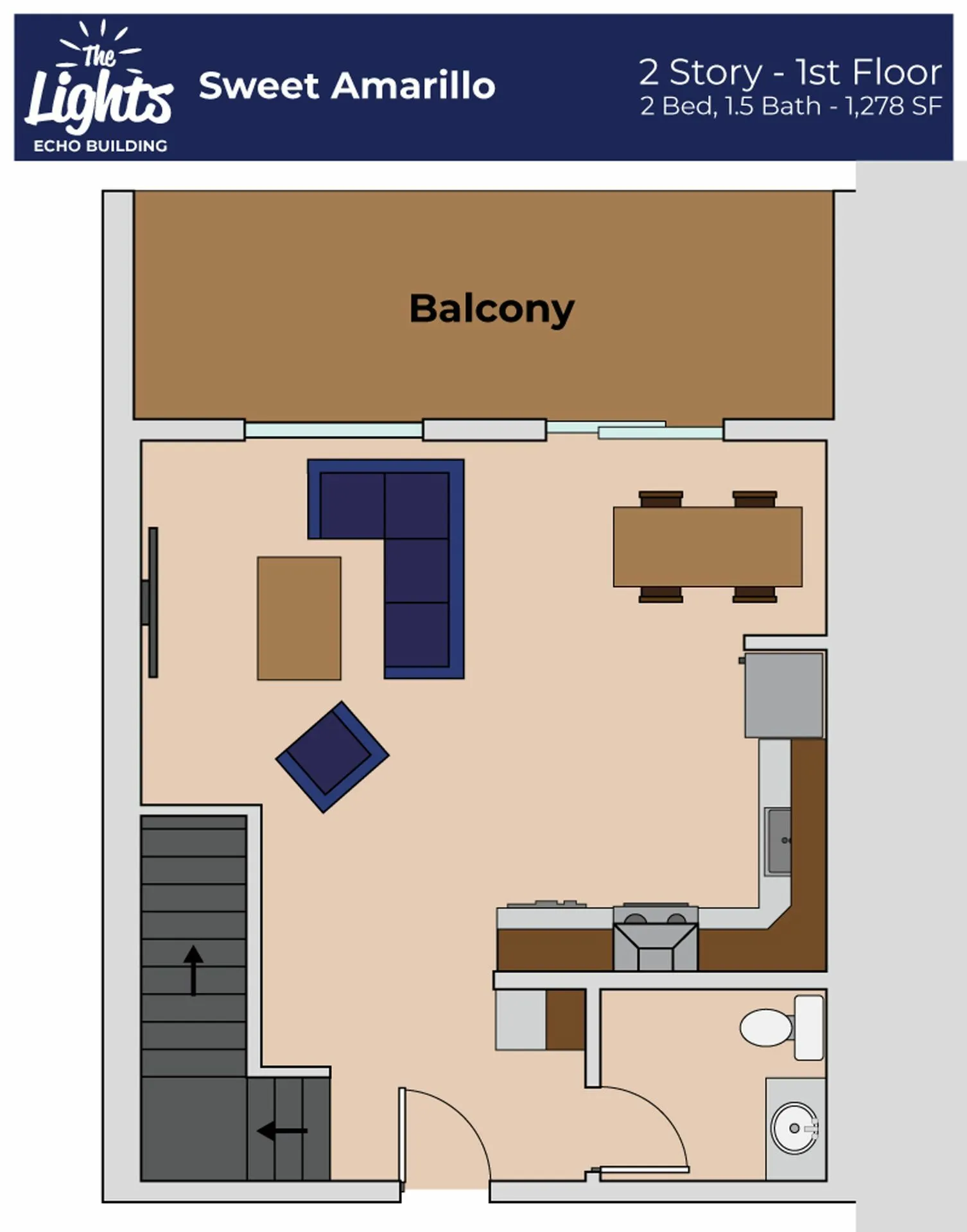 Sweet Amarillo floor plan at The Lights Echo Building, showcasing a spacious 2-story first floor with 2 bedrooms, 1.5 baths, open living area, modern kitchen, and a generous balcony, totaling 1,278 sq ft.