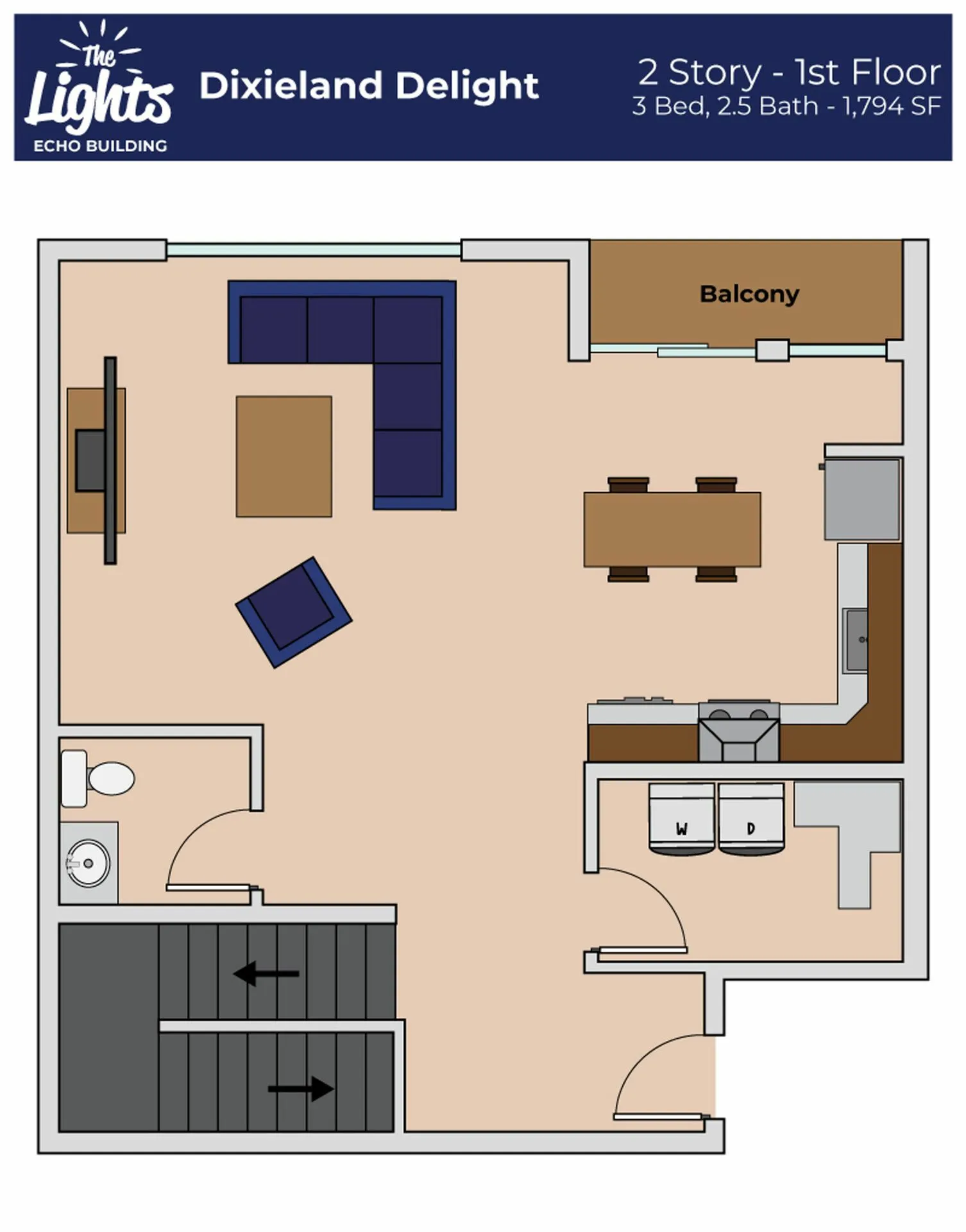 Dixieland Delight first floor plan showcasing a spacious 2-story layout with 3 bedrooms, 2.5 baths, an open living area, and a balcony, totaling 1,794 square feet in The Lights Echo Building.