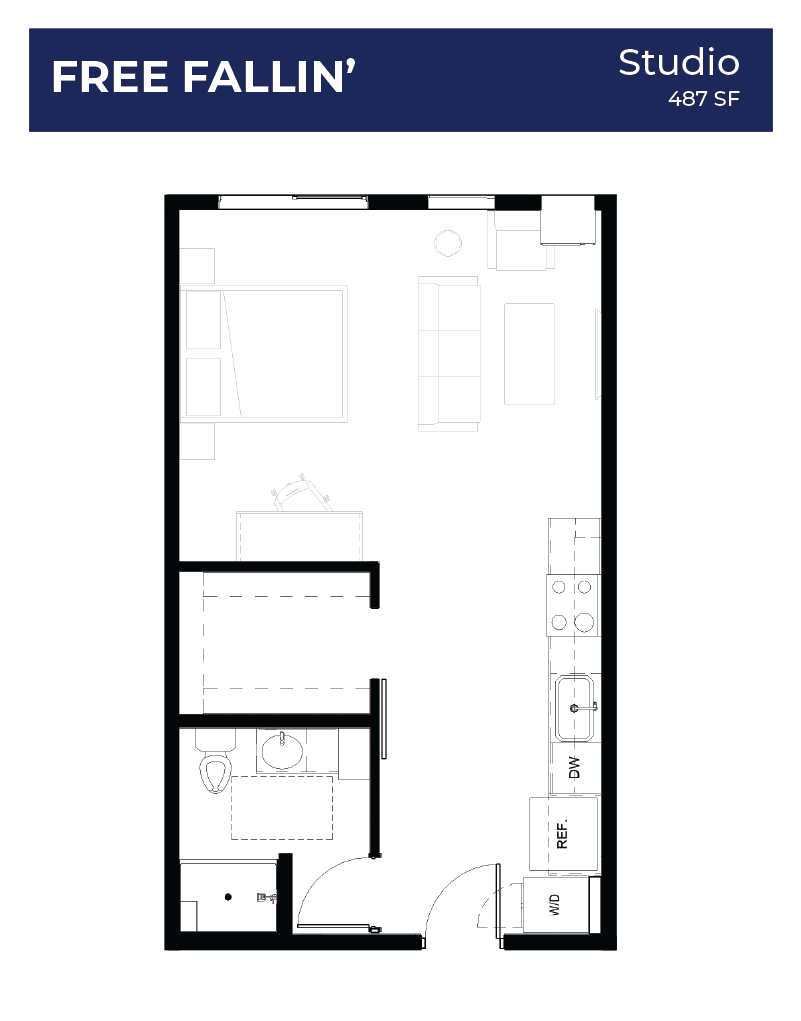 Optimized studio floor plan \'Free Fallin\'\' with open-concept living area, modern kitchen, and efficient layout within 487 sq ft.