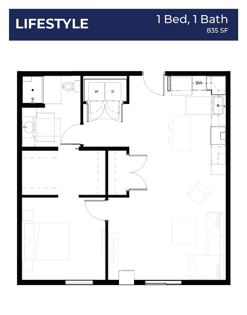 Lifestyle floor plan featuring 1 bedroom and 1 bathroom, spacious open-concept living area, and modern kitchen in 835 sq ft.