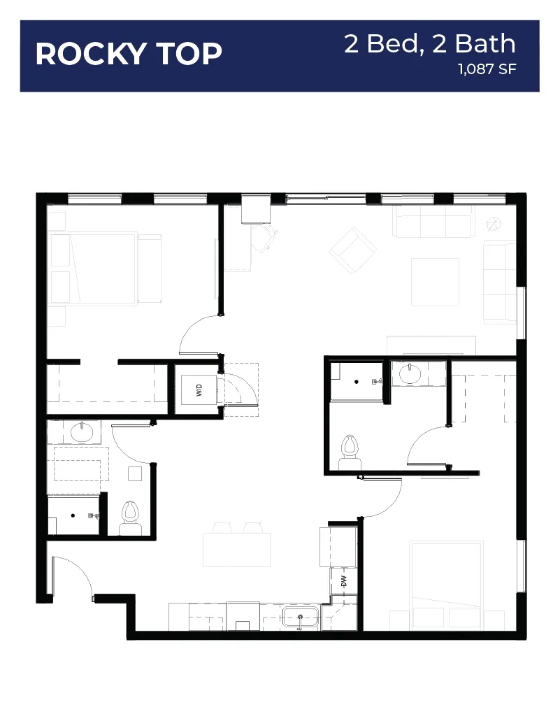 Rocky Top floor plan showcasing 2 bedrooms, 2 bathrooms, and an inviting open-concept living area with modern kitchen, 1,087 sq ft.