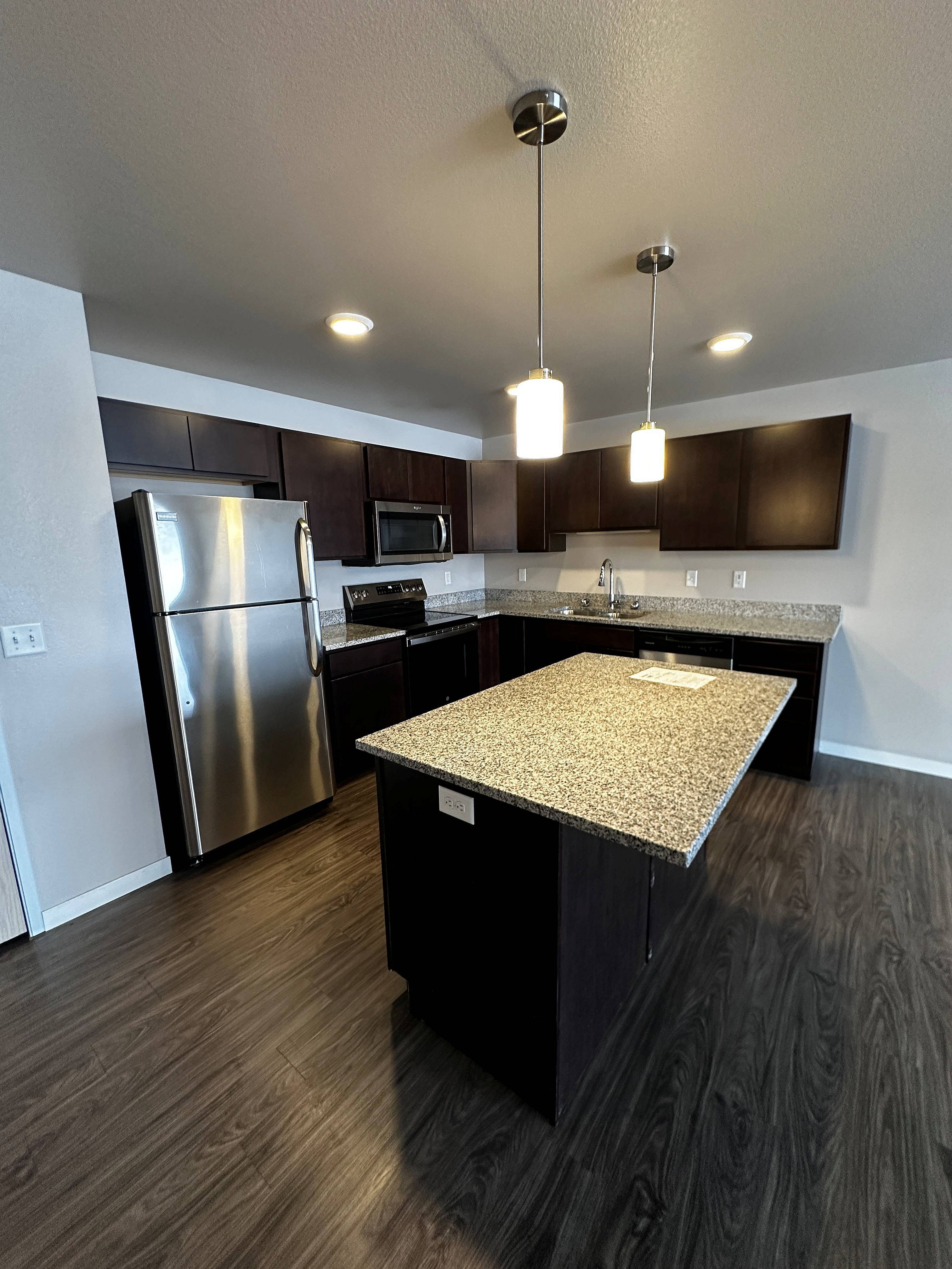 Modern kitchen with sleek dark cabinets, stainless steel appliances, and a spacious granite island, perfect for entertaining.