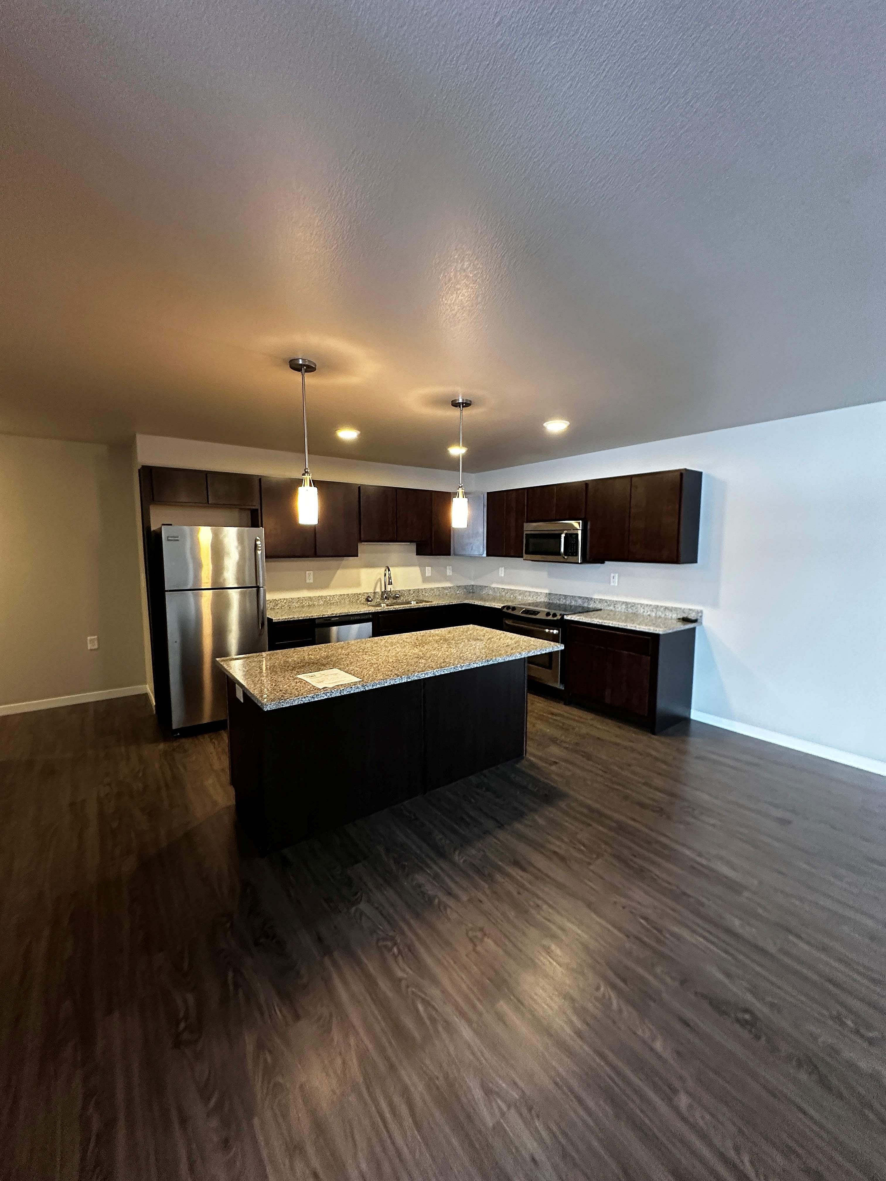 Modern kitchen featuring sleek dark wood cabinetry, granite countertops, stainless steel appliances, and elegant pendant lighting over a spacious island.