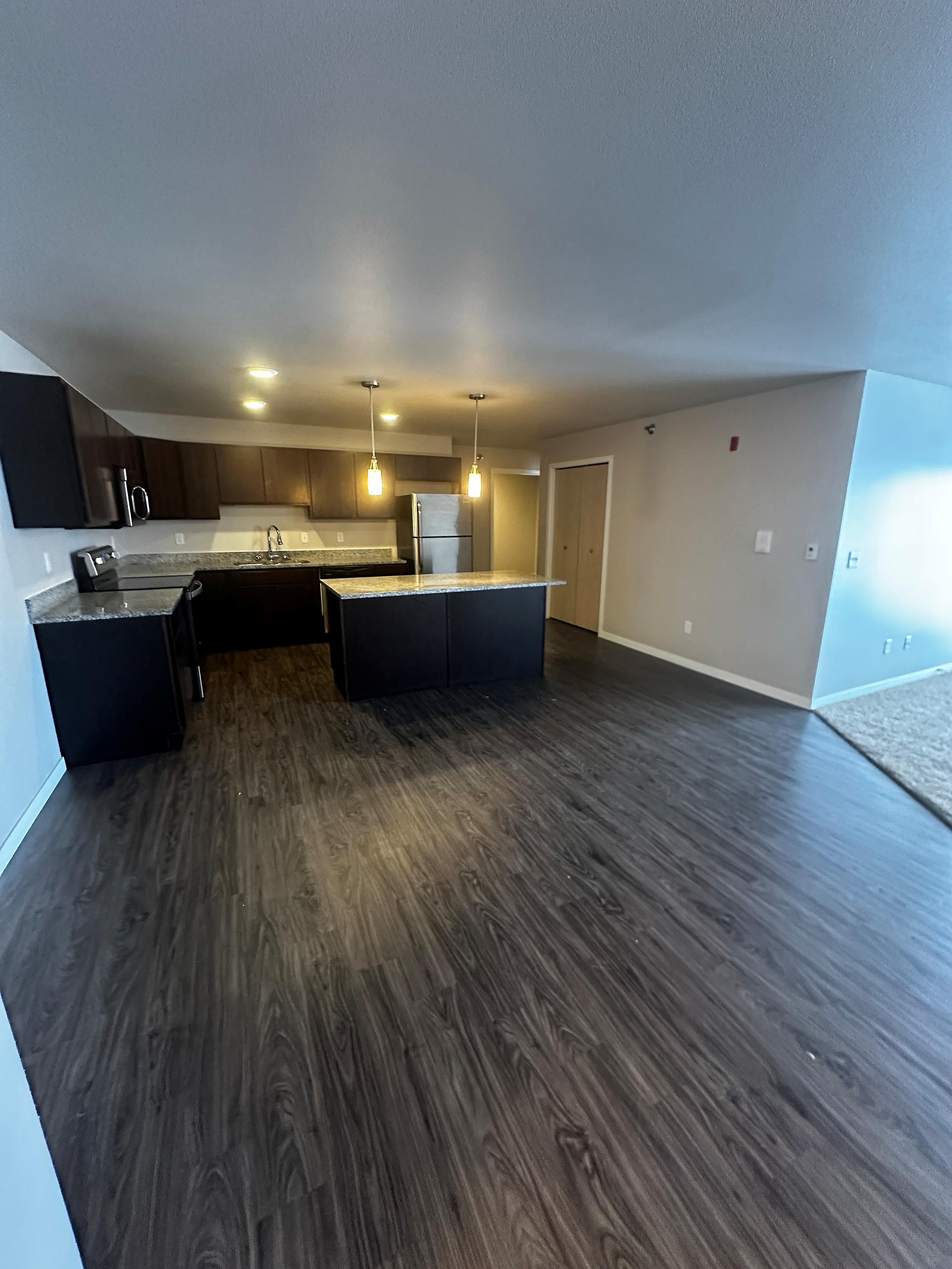 Modern kitchen with sleek dark cabinets, granite countertops, and pendant lighting on rich wooden flooring.
