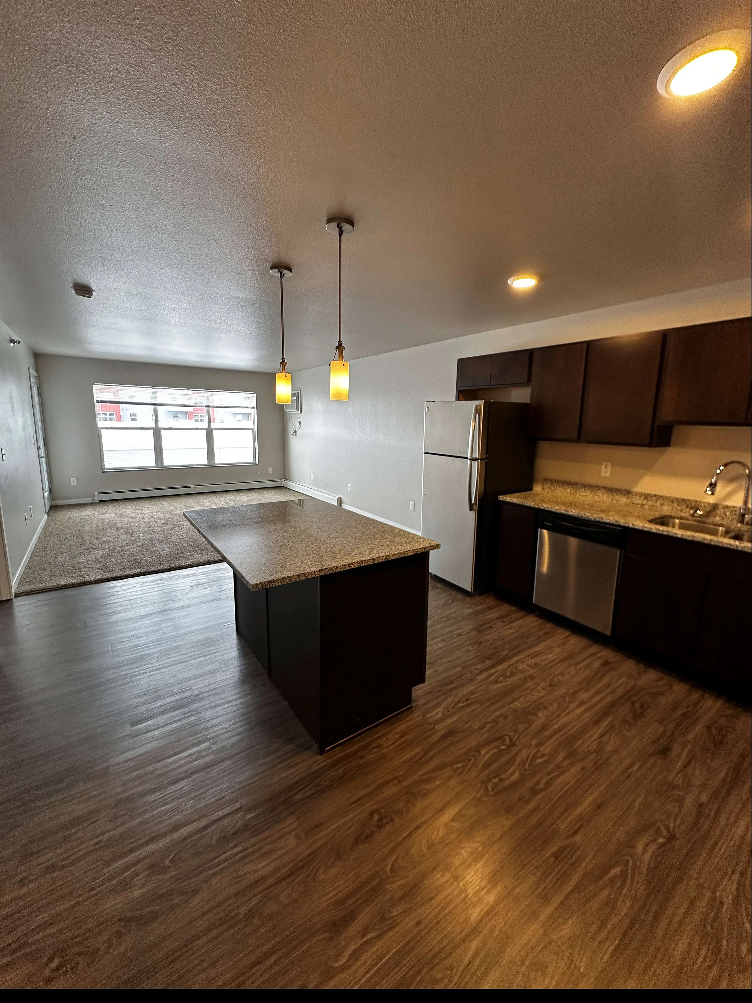 Modern open-concept kitchen with granite countertops, stylish pendant lighting, and sleek stainless steel appliances, leading into a spacious, well-lit living area with large windows.