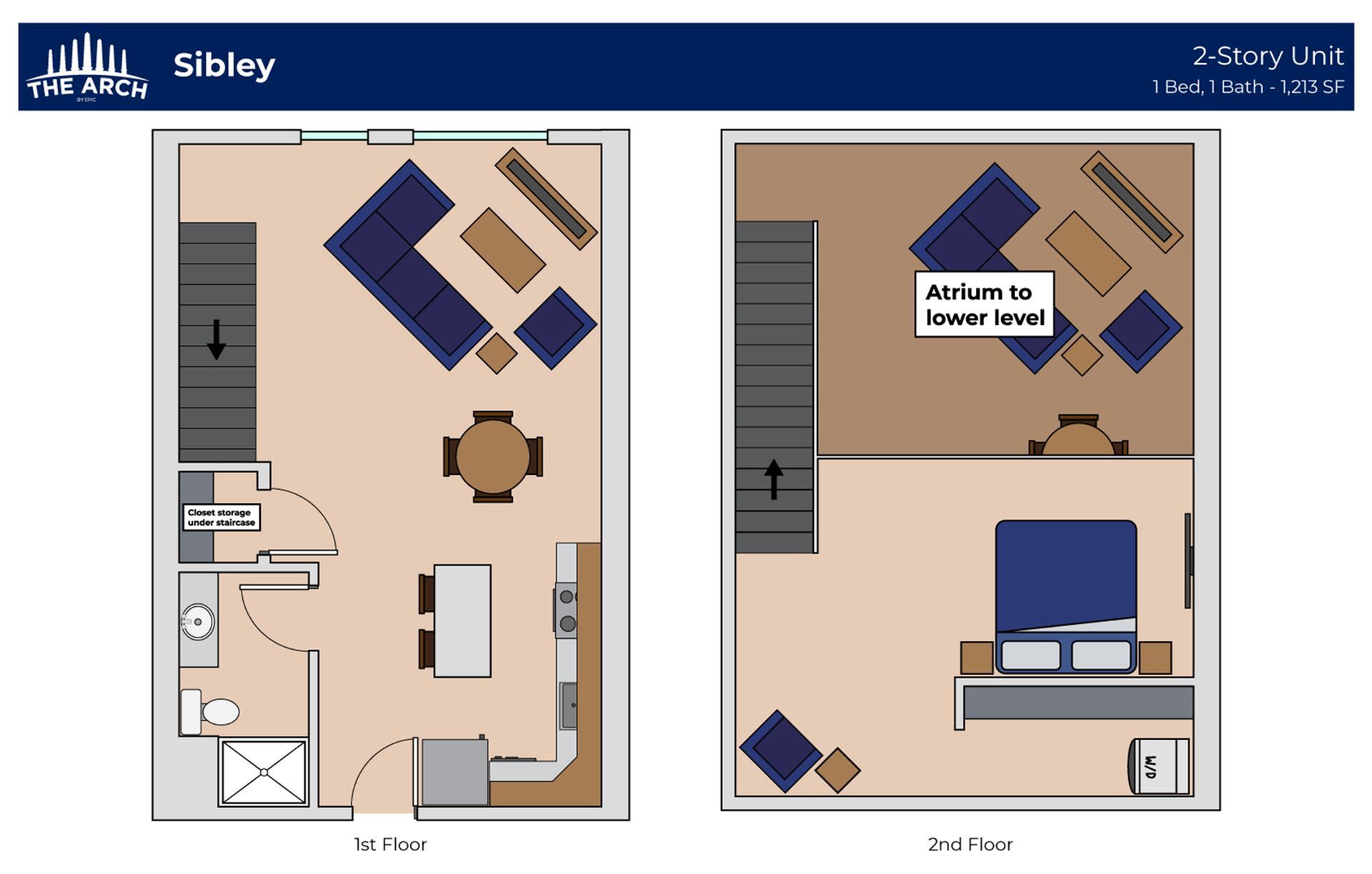 Chic 2-story floor plan featuring a spacious 1-bedroom, 1-bath unit with open-concept living and dining area, modern kitchen, and atrium access on the second level. Totaling 1,213 sq ft for comfortable living.