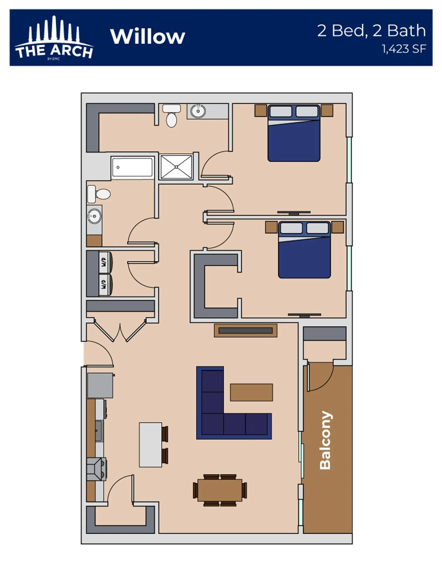 The Arch Willow floor plan featuring 2 bedrooms, 2 bathrooms, modern kitchen, spacious living area, and a balcony, totaling 1,423 sq ft.