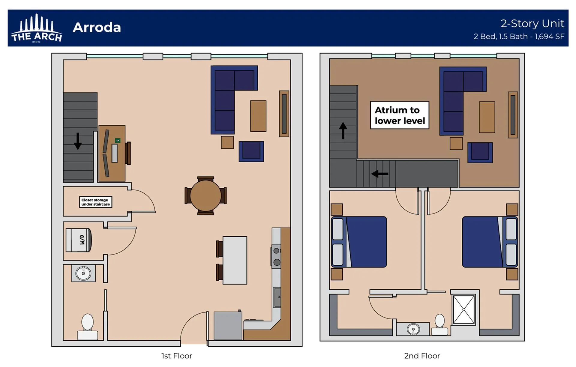 The Arch Arroda 2-story unit floor plan with 2 bedrooms, spacious living area, and kitchen. Features closet storage and atrium, ideal for modern living, 1.5 baths, 1,694 sq ft.