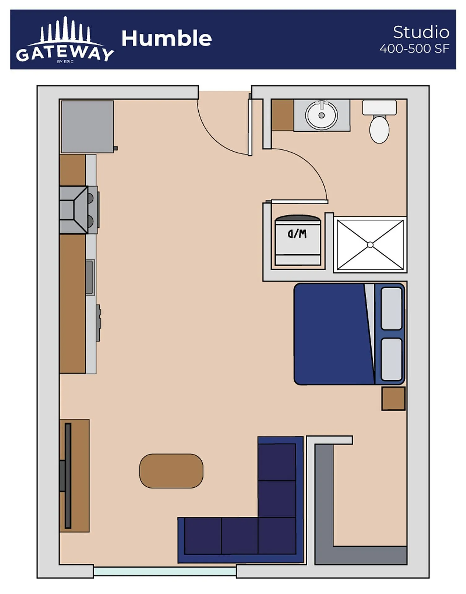 Humble Gateway studio floor plan showcasing an efficient layout including an open living area, compact kitchen, cozy sleeping space, and modern bathroom; perfect for 400-500 sq ft living.
