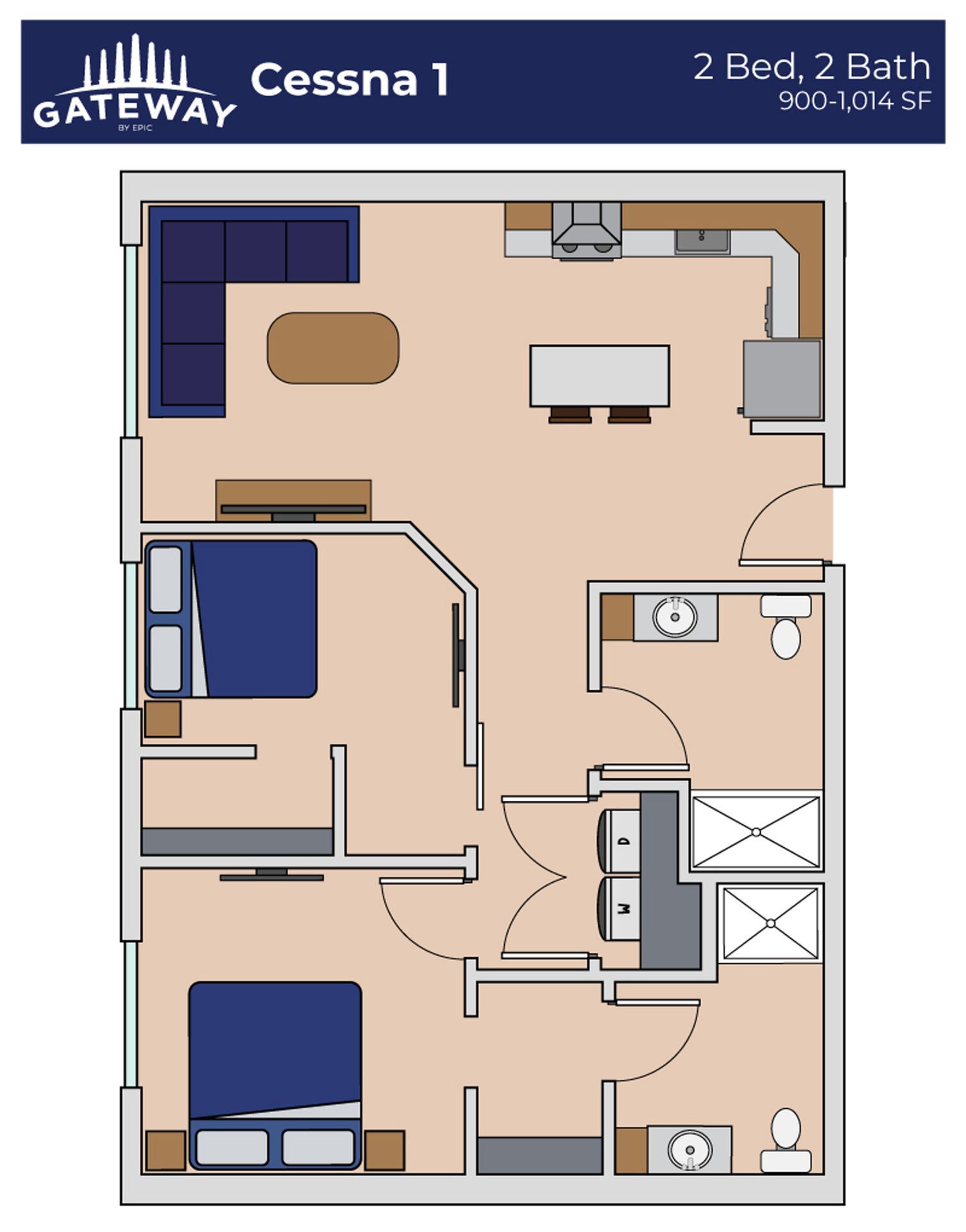 Gateway\'s Cessna 1 floor plan featuring a modern 2 bed, 2 bath layout with open kitchen and cozy living area, ranging from 900 to 1,014 sq ft.