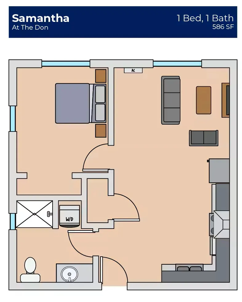 Modern floor plan for \'Samantha\' at The Don, featuring 1 bedroom, 1 bathroom, and an inviting living area in 586 sq ft.