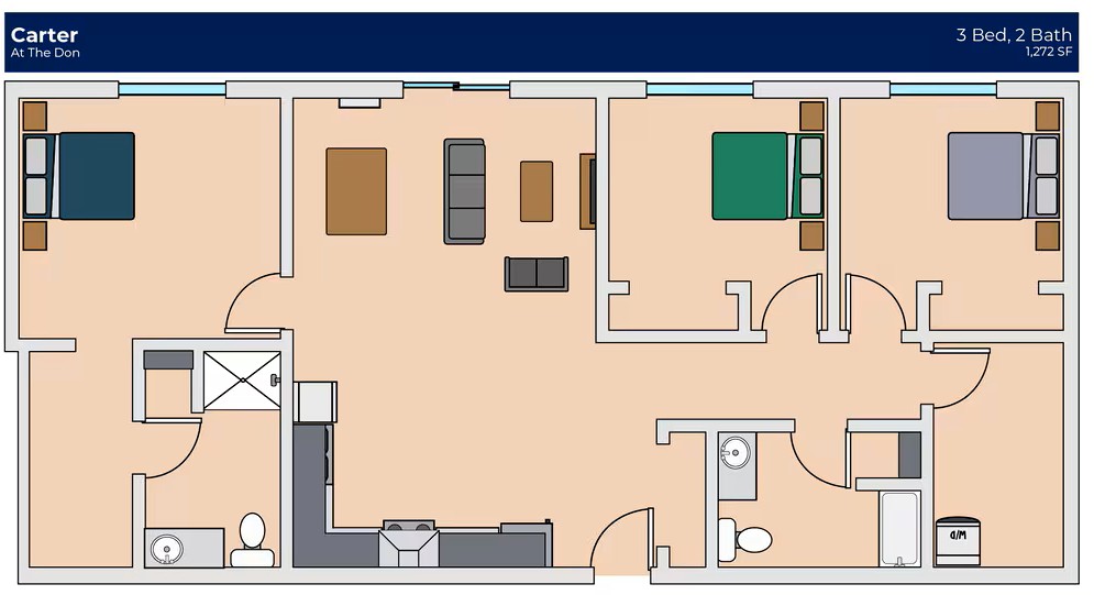 Carter floor plan at The Don featuring 3 bedrooms, 2 baths, a cozy living room, and a modern kitchen, spanning 1,272 square feet.