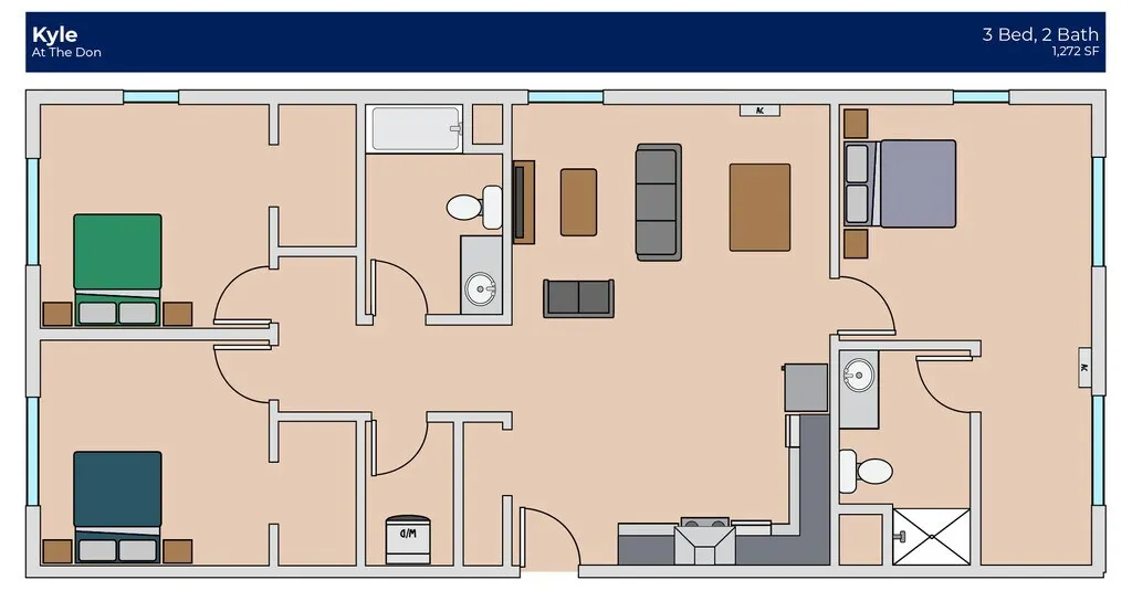 Modern floor plan for \'Kyle at The Don\' showcasing 3 bedrooms, open living area, and 2 bathrooms in a spacious 1,272 square feet layout.