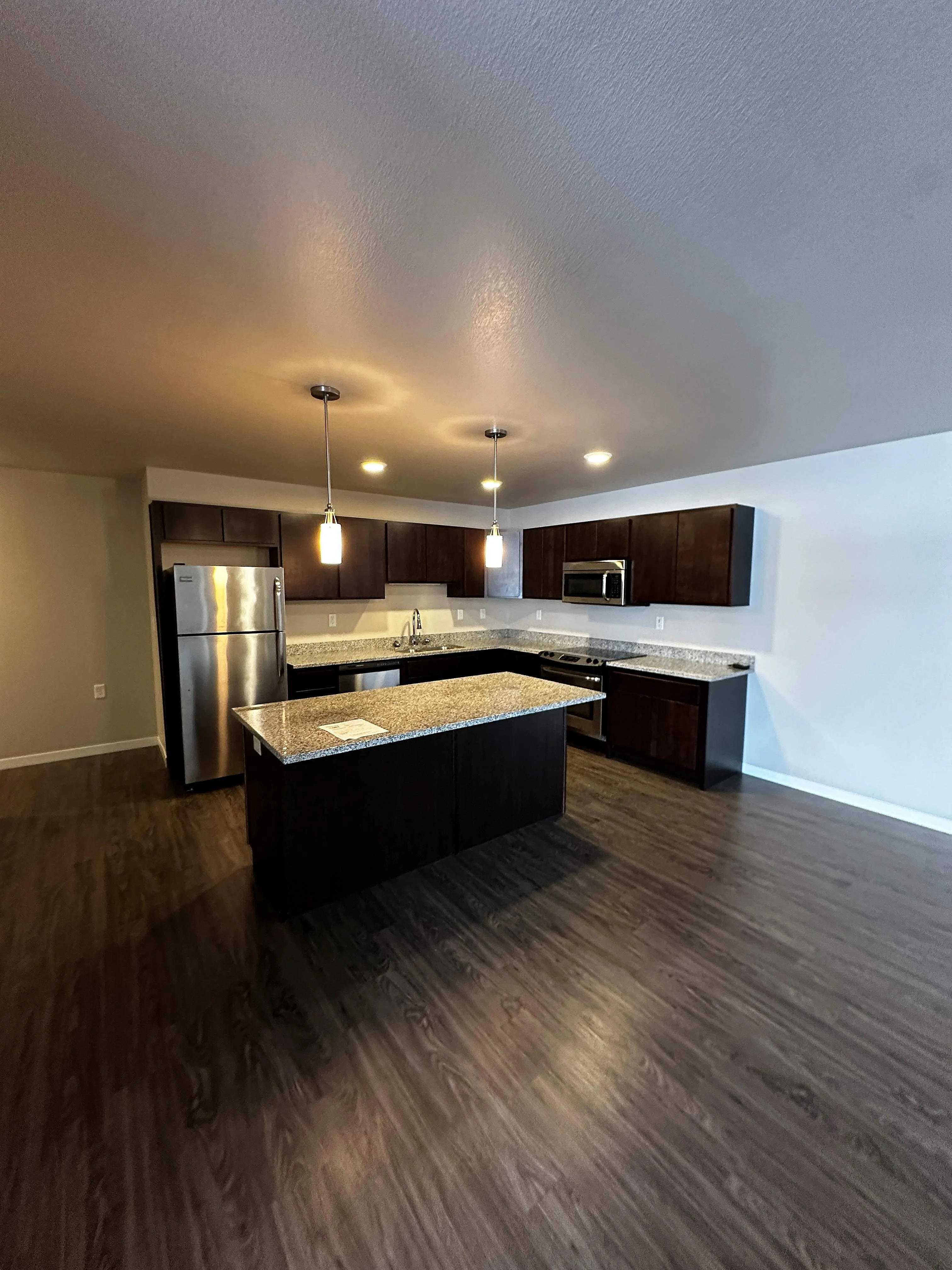 Modern kitchen featuring sleek dark wood cabinetry, granite countertops, stainless steel appliances, and elegant pendant lighting over a spacious island.