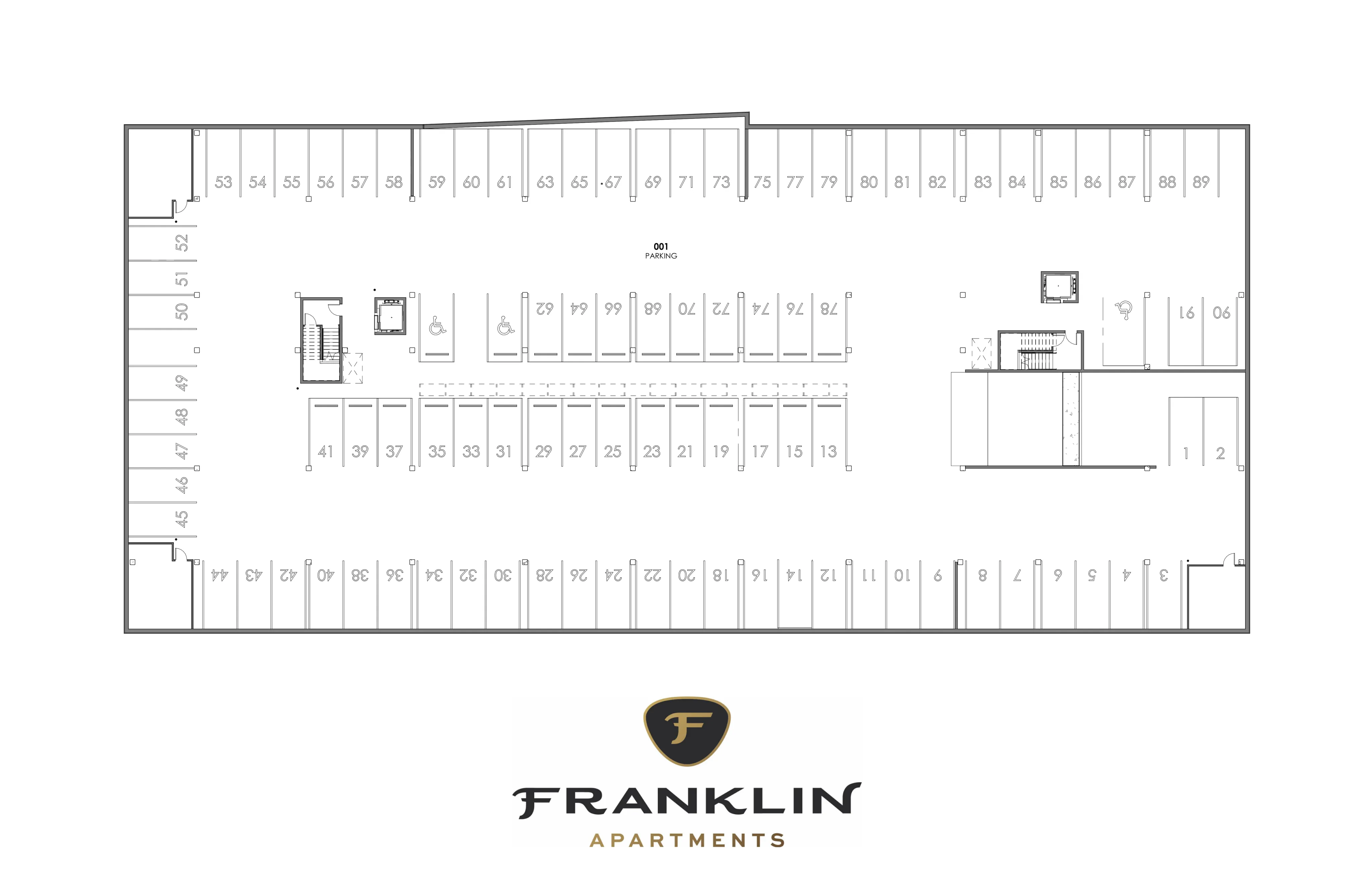 Detailed parking floor plan of Franklin Apartments showcasing ample parking spaces, including accessible spots, and modern design for convenient urban living.