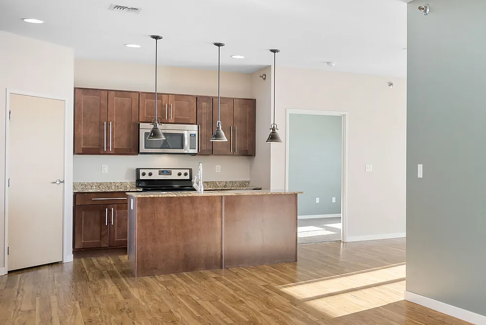 Modern kitchen with elegant wooden cabinets, sleek granite countertops, and stylish pendant lighting in a bright, open-concept living space.
