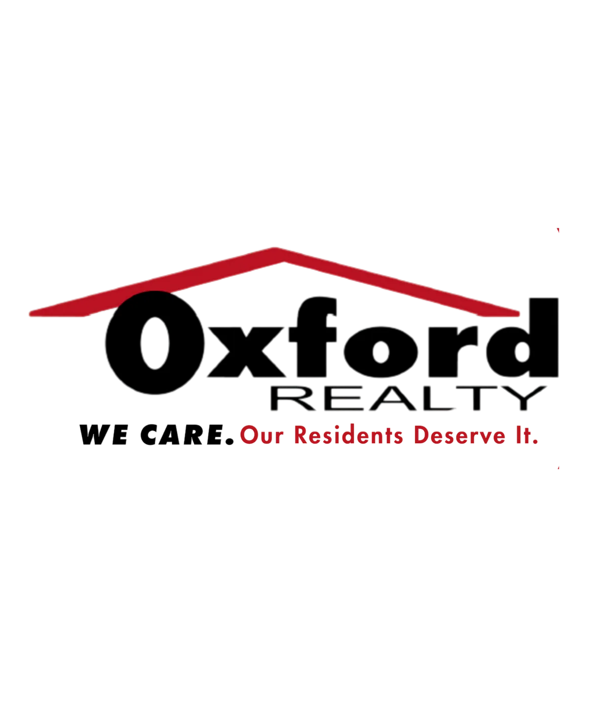 Oxford Realty logo with a red roof design and the slogan 'We care. Our Residents Deserve It.'