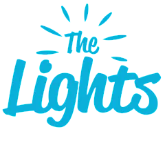 Vibrant logo design featuring 'The Lights' in stylish blue lettering with radiant accents.