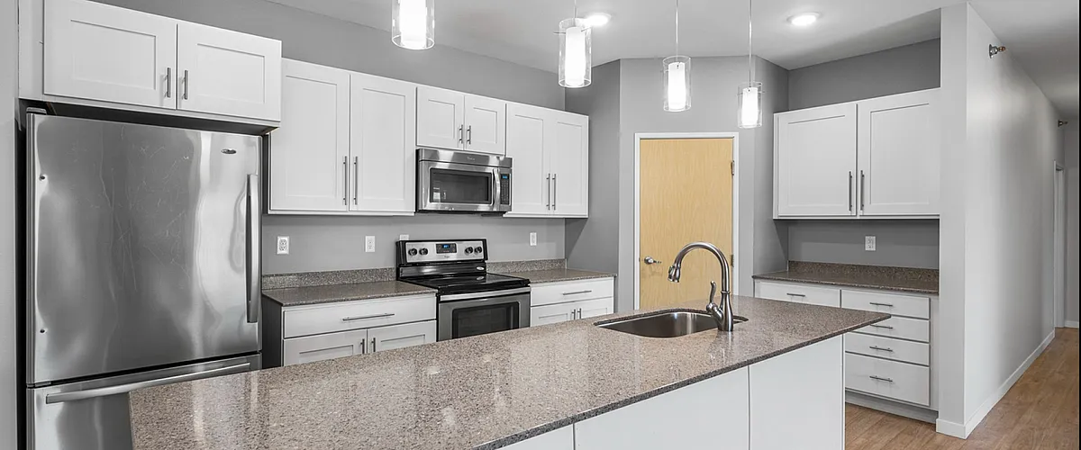 Modern kitchen with sleek stainless steel appliances, elegant granite countertops, and chic pendant lighting, perfect for culinary enthusiasts.