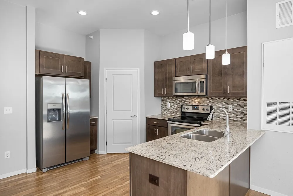 Modern kitchen with sleek stainless steel appliances, elegant granite countertops, and stylish pendant lighting.