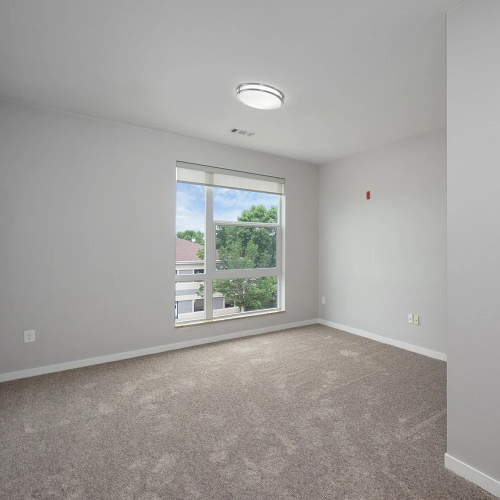 Bright and spacious bedroom with plush carpeting, large window with a serene view, and a convenient open closet design.