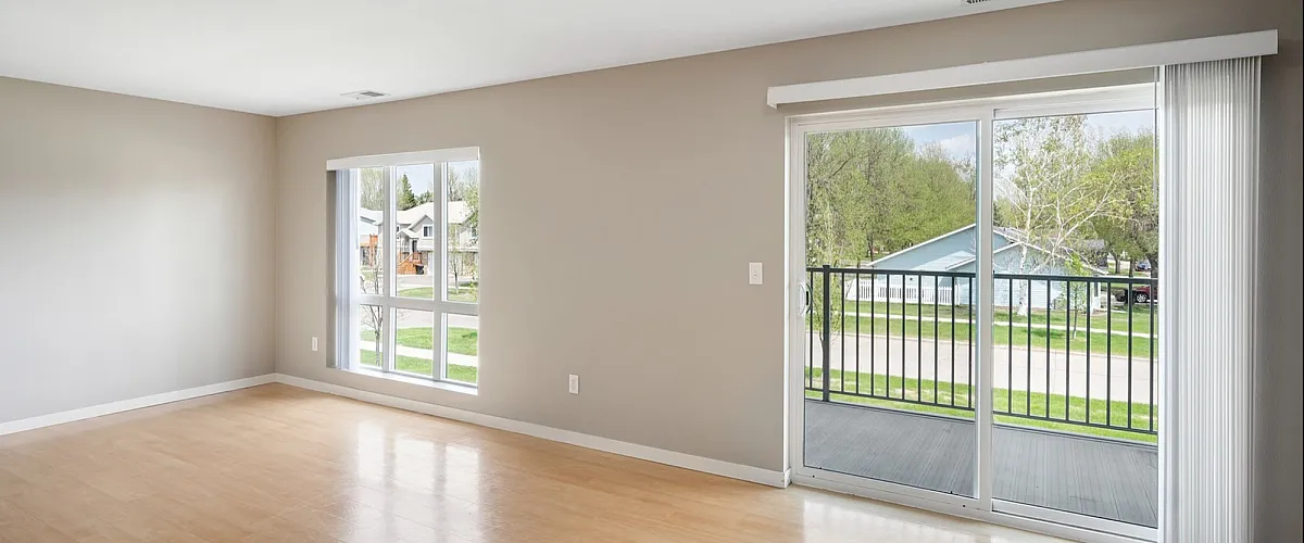 Bright and airy living room with modern wood floors, large windows, and sliding glass doors leading to a charming balcony view.