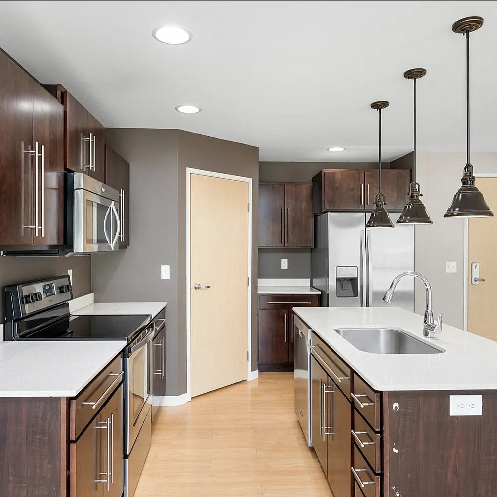Modern kitchen with sleek dark cabinets, stainless steel appliances, and elegant pendant lighting.