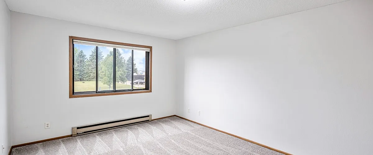 Bright, spacious room with large window showcasing serene outdoor views and fresh carpet.