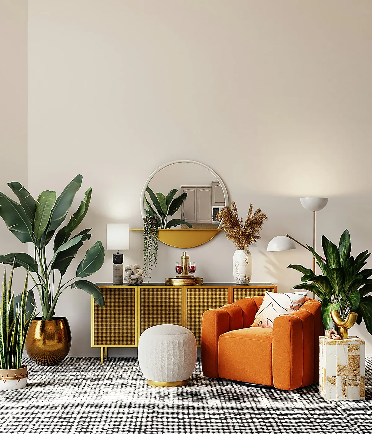 Chic living room with vibrant orange armchair, modern decor accents, lush indoor plants, and elegant lighting, creating a warm and inviting atmosphere.