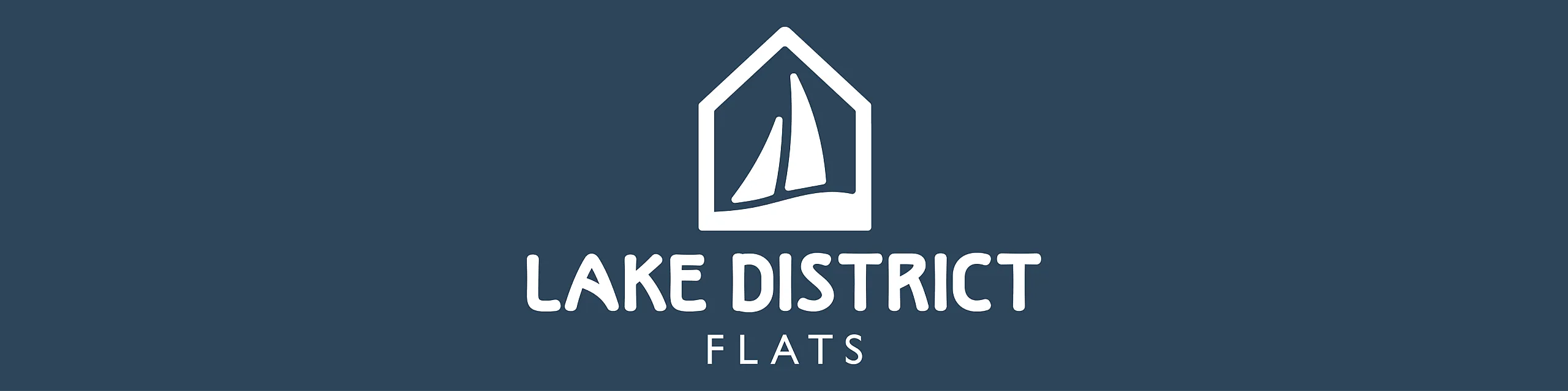 Elegant Lake District Flats logo with a minimalist home and sailboat design on a calm blue background.