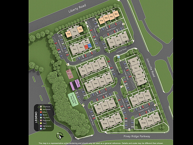 Inviting community layout showcasing modern townhouses and apartments, surrounded by lush greenery and amenities like a dog park and playground. Perfect balance of nature and convenience.