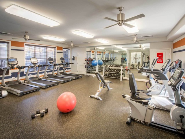 24-hour fitness center with treadmills, yoga balls, free weights, stationary cycles, and other gym equipment.