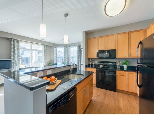 Modern kitchen with vinyl plank flooring, pendant lighting, and black appliances.