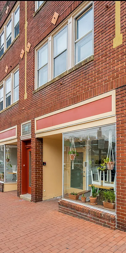 Charming brick building with large front windows showcasing potted plants.