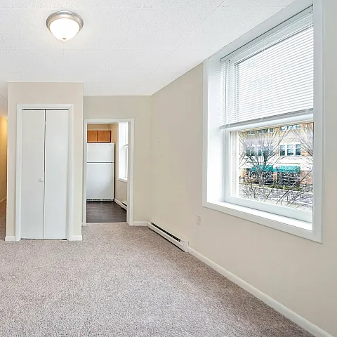 Inviting apartment interior with plush carpet, large window, and access to a cozy kitchen.