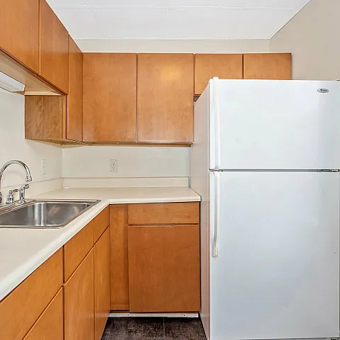 Sleek kitchen with wooden cabinetry, stainless steel sink, and white refrigerator.