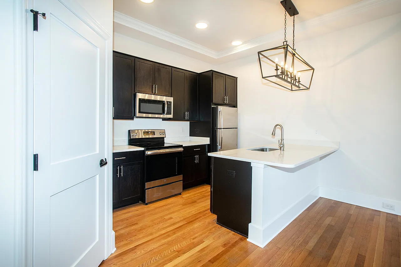 Modern kitchen with sleek stainless steel appliances, dark cabinets, and elegant lighting.