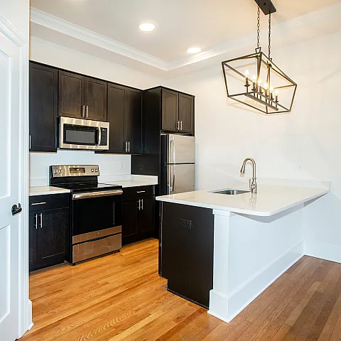 Sleek kitchen with dark cabinets, stainless steel appliances, and wooden floors.