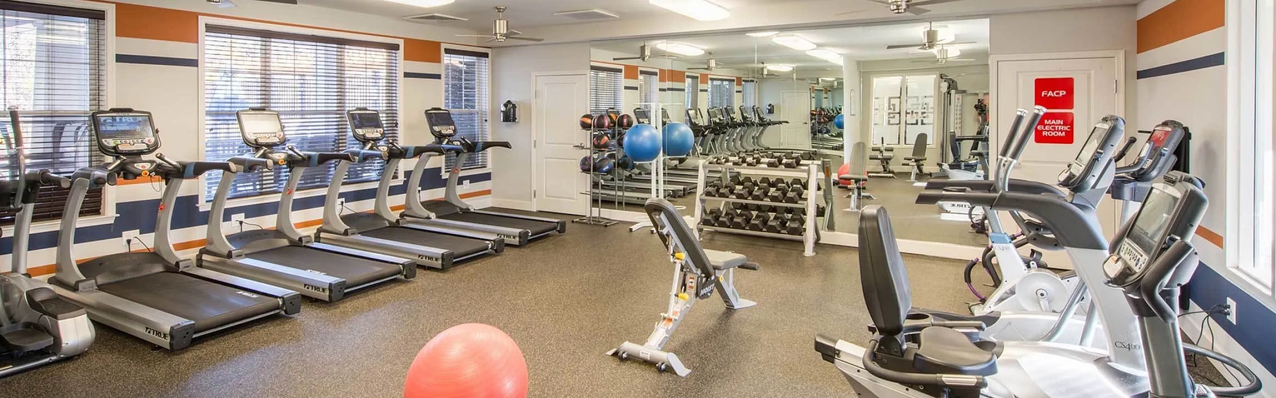 Bright and modern fitness center with treadmills, elliptical machines, weight benches, and vibrant exercise equipment.