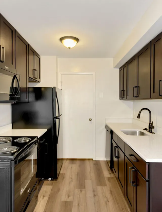 Sleek modern kitchen with dark cabinetry, pristine countertops, and stylish appliances, perfect for culinary enthusiasts.