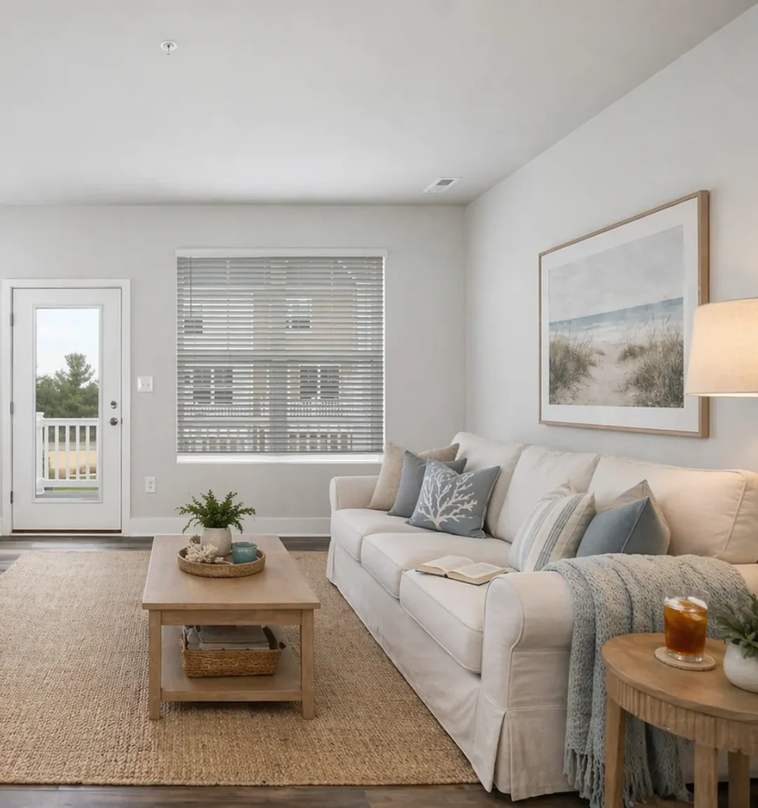 Modern living room with door leading to private balcony at the Terrace at Sycamore Ridge