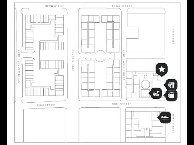 Map of urban neighborhood with highlighted amenities including star, shopping, dining, and public transport icons.