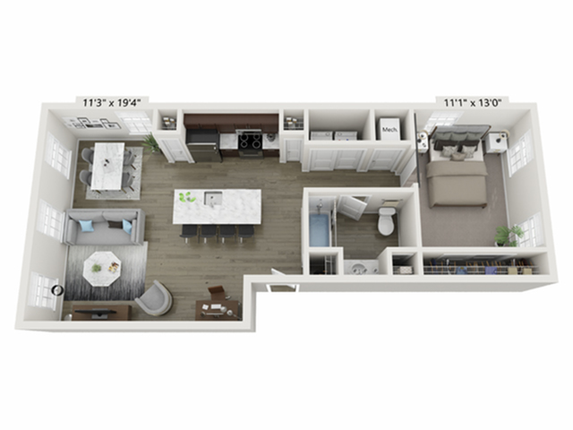 Greystone I - 1 Bedroom Floor Plan Birdseye Layout Image | LC Brier Creek Apartments & Townhomes in Durham - Raleigh NC