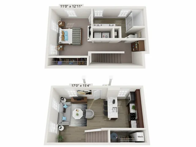 Trevor B - 1 Bedroom Floor Plan Birdseye Layout Image | LC Brier Creek Apartments & Townhomes in Durham - Raleigh NC