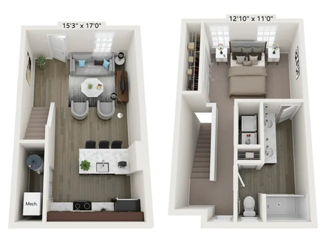 Trevor C - 1 Bedroom Floor Plan Birdseye Layout Image | LC Brier Creek Apartments & Townhomes in Durham - Raleigh NC